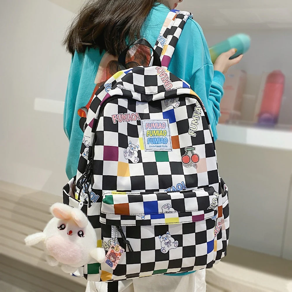 Fashion New Lady Lattice Travel Cartoon Bag Female Plaid Cute College Backpack Trendy Women Bag Girl Cool Kawaii Laptop Backpack - Deanwangkt