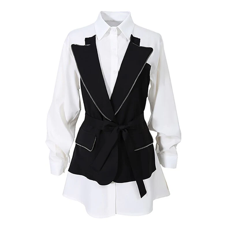 deanwangkt Casual Hit Color Patchwork Shirts For Women Lapel Long Sleeve High Waist Sashes Slim Korean Blouses Female  New - Deanwangkt