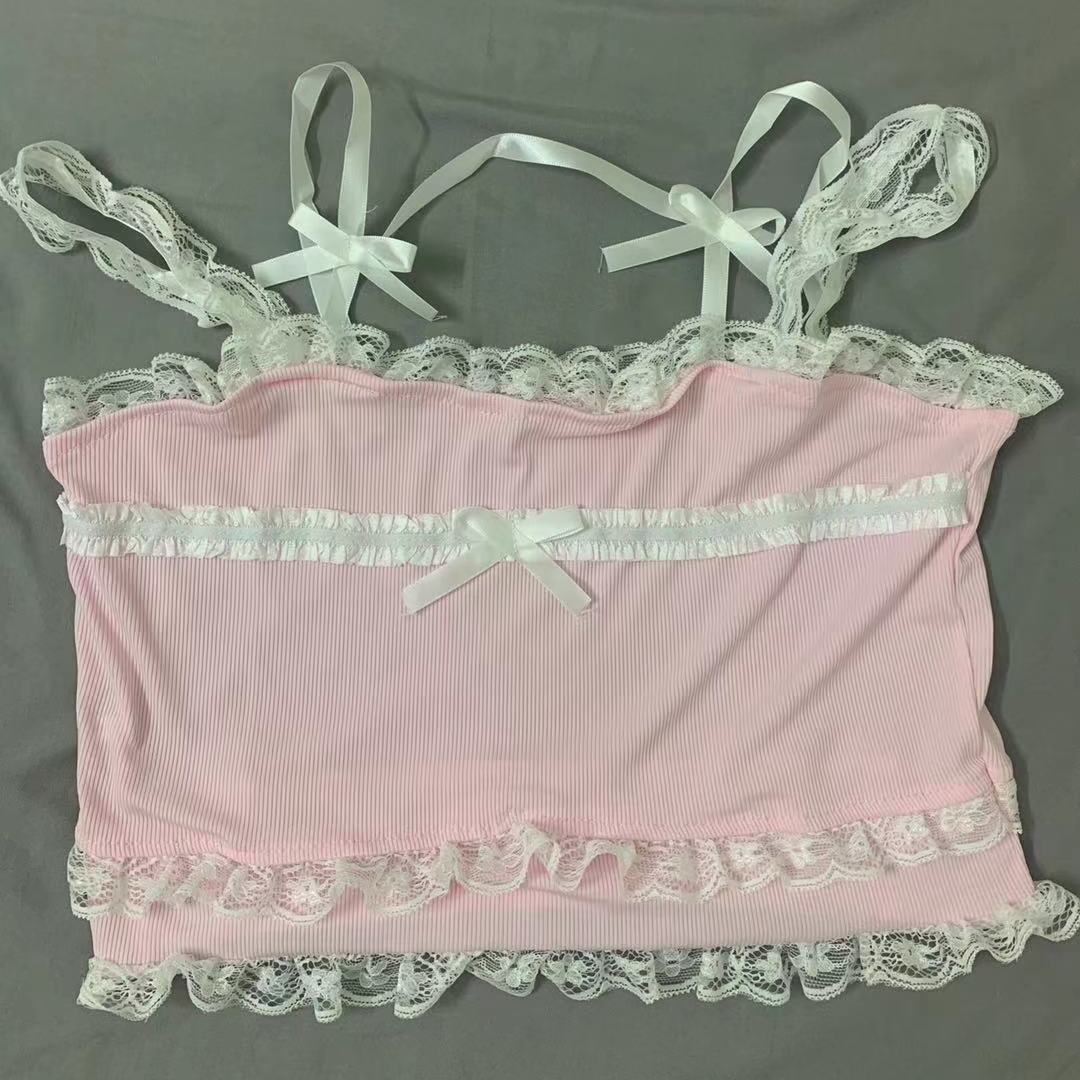 Pink Japanese Kawaii Lolita Crop Top Women White Korean College Style Sweet Tank Top Bow Lace France Princess Vset Female - Deanwangkt