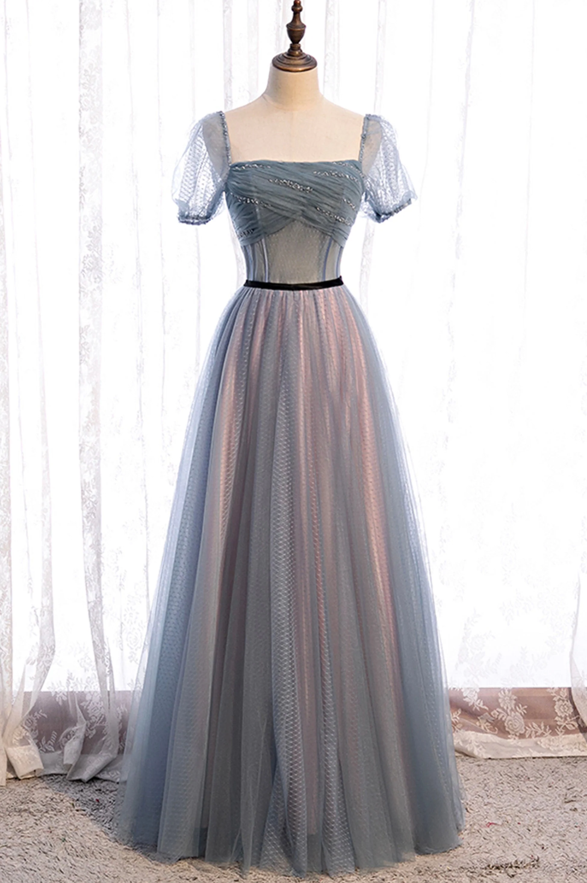 solvbao Gray Blue Tulle Long A-Line Prom Dress, Cute Short Sleeve Evening Dress - Deanwangkt