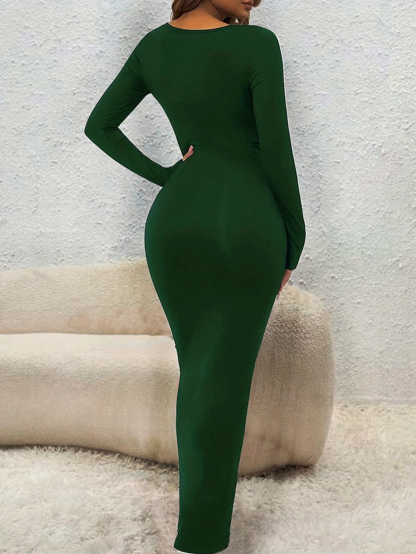 Simple Solid Lounge Dresses, Long Sleeve Crew Neck Slim Fit Home Dress, Women's Loungewear & Dresses - Deanwangkt