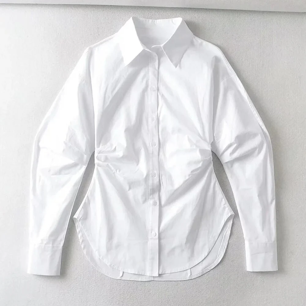 deanwangkt White Slim Shirt For Women Lapel Long Sleeve Solid Minimalist Button Through Blouse Female Spring Clothing  New - Deanwangkt