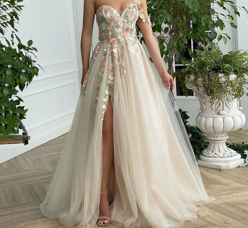 DEANWANGKT Champagne Sweetheart Tulle Prom Dresses Sleeveless Handmade Flowers High Slit A-Line Prom Gowns Wedding Party Dresses - Deanwangkt