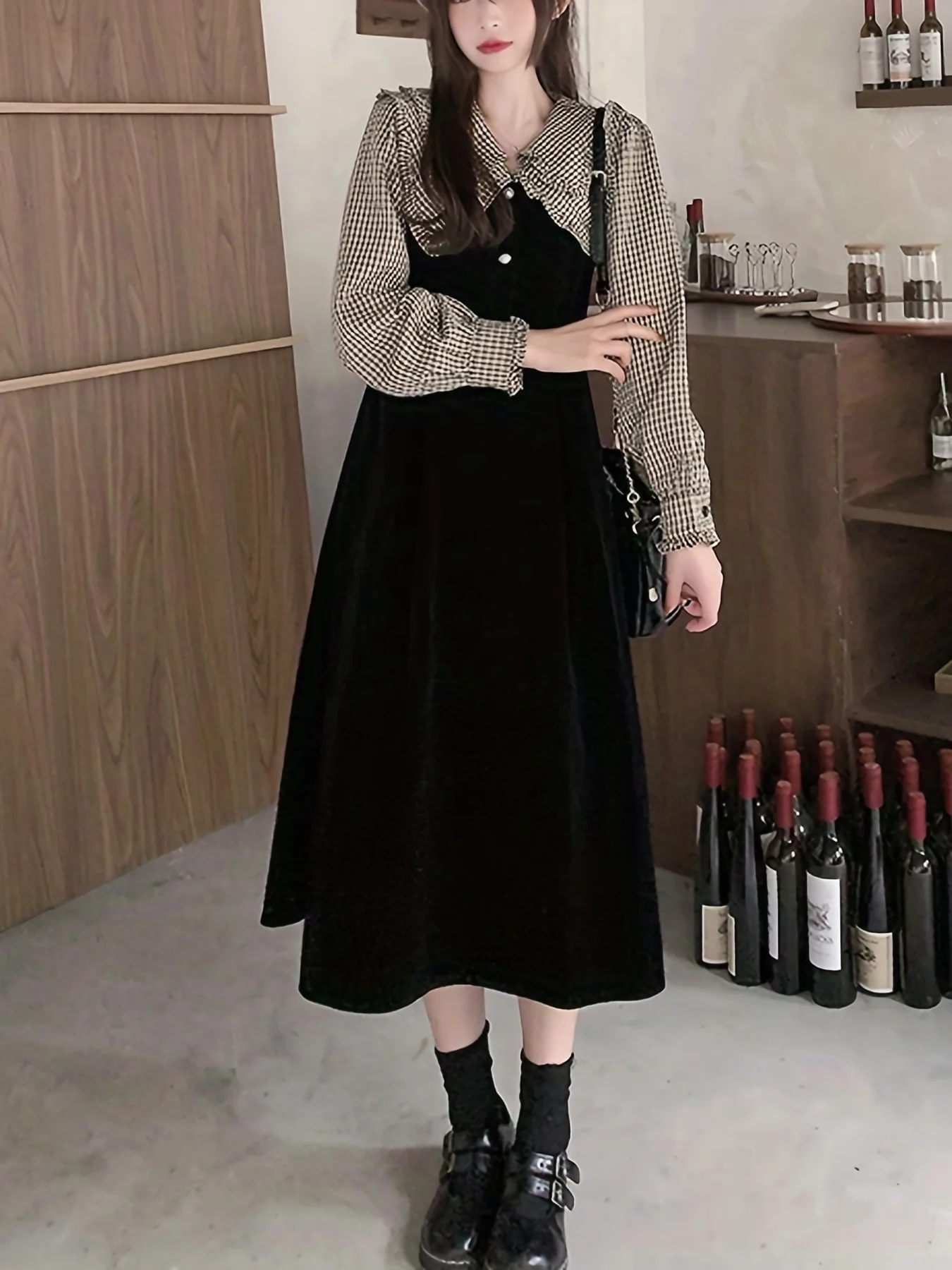 deanwangkt-1  Plaid Print Splicing Dress, Elegant V Neck Long Sleeve Midi Dress, Women's Clothing - Deanwangkt