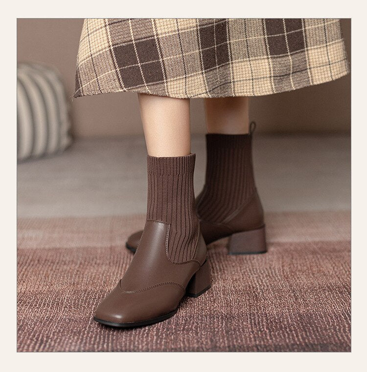 deanwangkt Autumn Winter New Ankle Socks Shoes Women Fashion Large Size  Knitted Short Boots Women Slip On High Heels - Deanwangkt