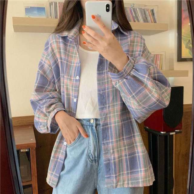 deanwangkt Plaid Shirts Women Lantern Sleeve Cardigan Vintage Top Pink Purple Checkered Beautiful Blouse Fashion Button Up Oversize - Deanwangkt