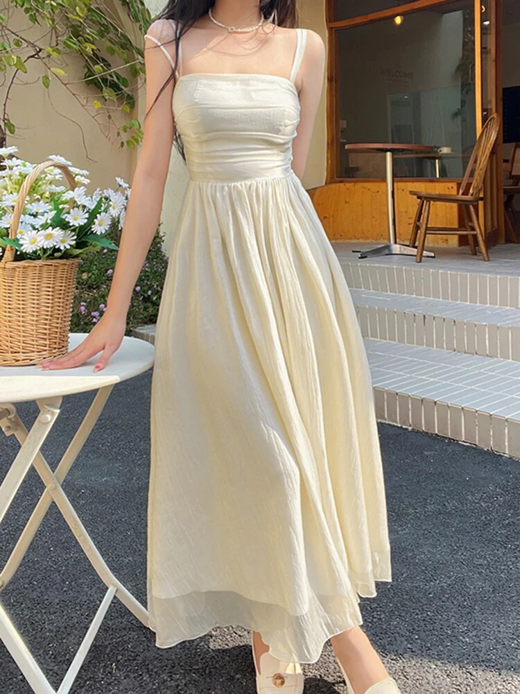 Joskka Pleated Corset Cami Midi Aesthetic Dresses Folds Bodycon Women Sleeveless High Waist Folds Elegant Vacation Pretty Hoco Dresses - Deanwangkt