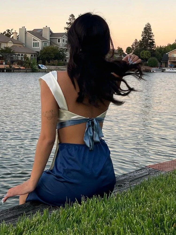 deanwangkt Sexy Hollow Out Satin Tank Tops Women Backless Bandage Summer Cropped Top Pink O-Neck Casual Streetwear Vest Tee - Deanwangkt