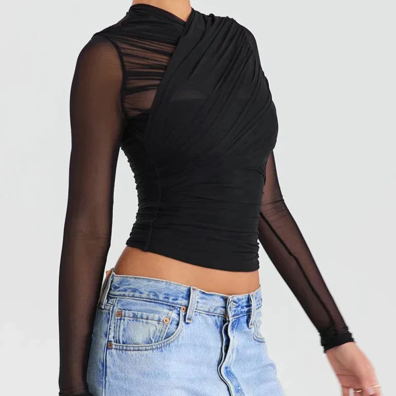 deanwangkt Spring Summer Women Sexy Daily Wear Cold Shoulder Sheer Mesh Lace Blouse Long SLeeve Black Shirt Casual - Deanwangkt