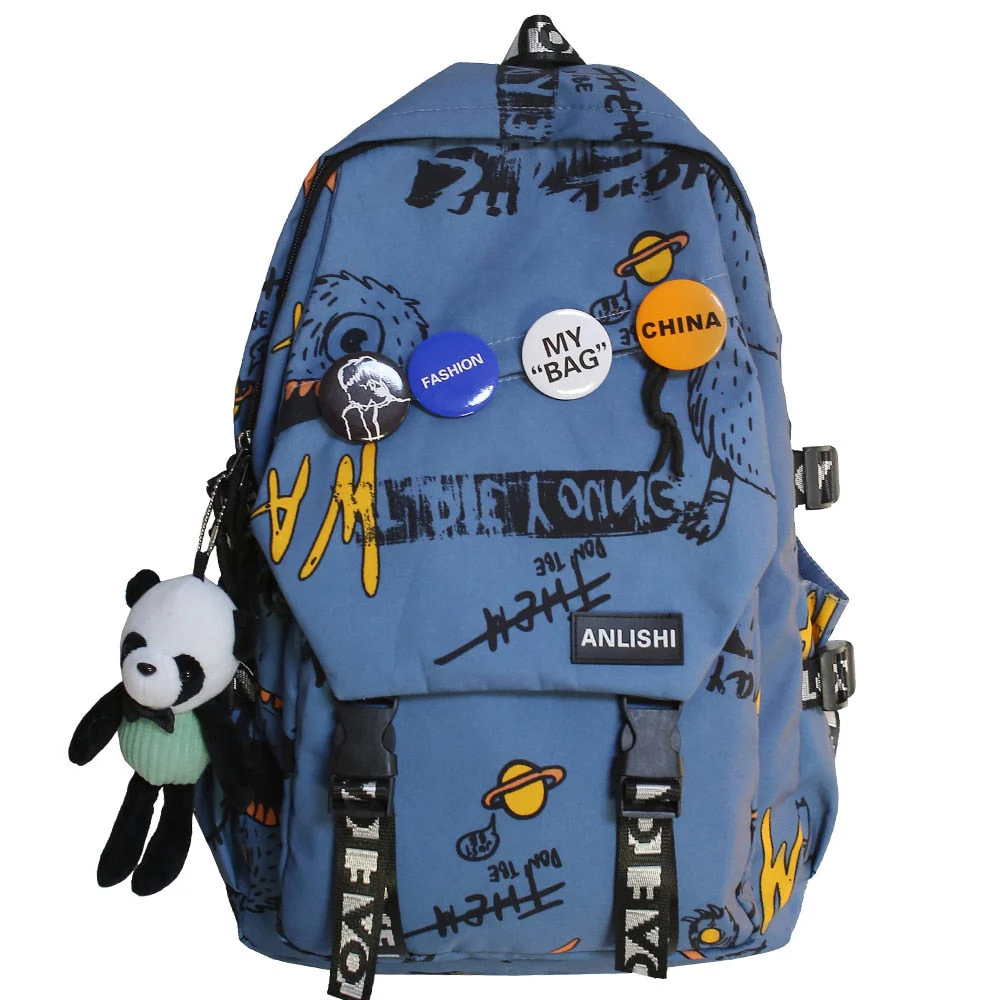 Cool Women Men Graffiti Pattern Trendy Backpack Lady Travel Badge Backpack Harajuku Bag Female Male College Girl Boy Student Bag - Deanwangkt