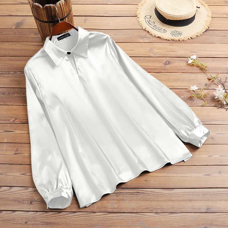 Autumn Elegant Lantern Long Sleeve Satin Blouses Women Casual Office Lapel Shirts  Fashion Hollow Neckline Tunic Tops - Deanwangkt