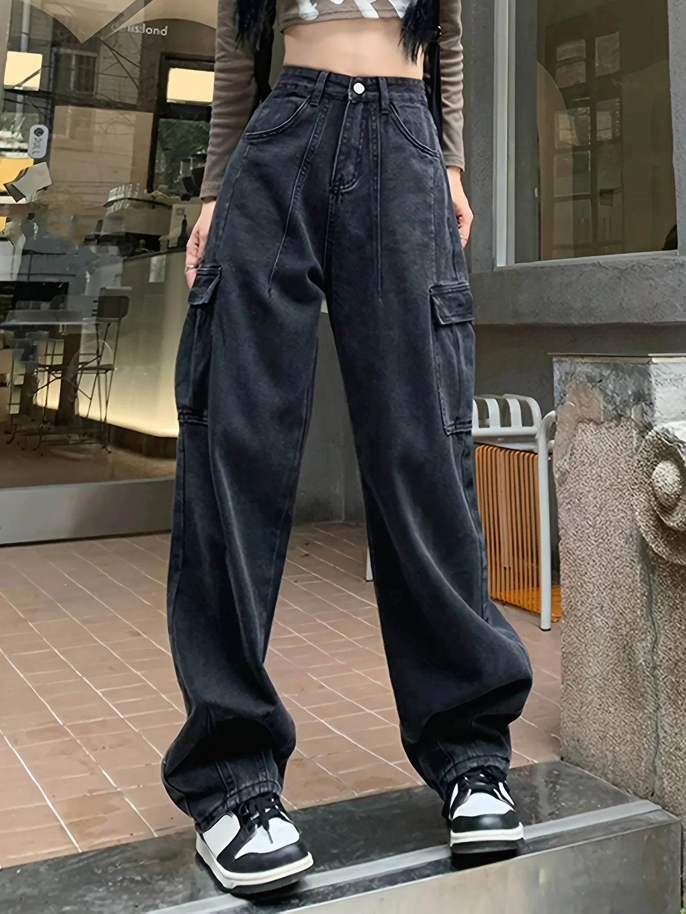 deanwangkt  Side Flap Pocket Plain Cargo Jeans, Loose Fit High Rise Y2K Kpop Denim Pants, Women's Denim Jeans & Clothing - Deanwangkt