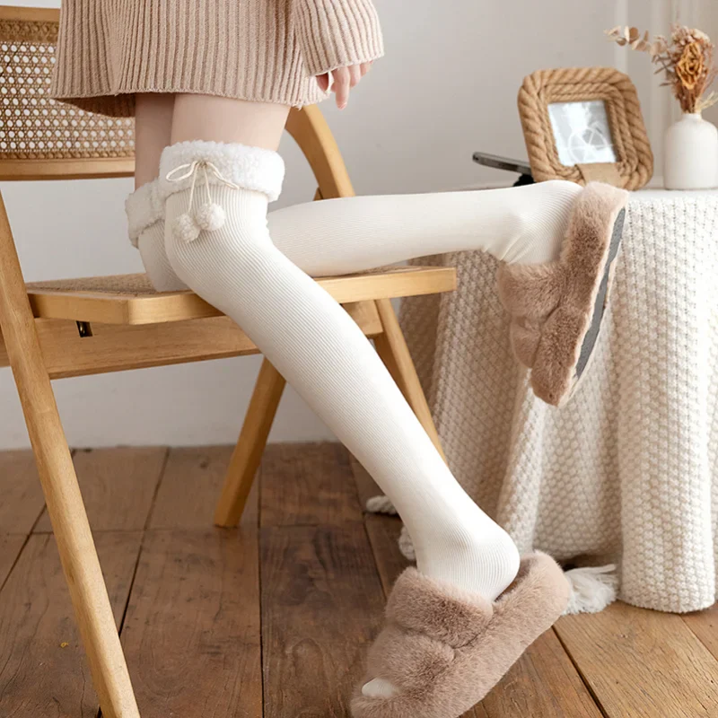 deanwangkt Japanese Vertical Stripe Plush Stockings Autumn Winter Cute Tights Kawaii Lamb Fur Wool Ball Calf Socks Lolita Knee High Socks - Deanwangkt