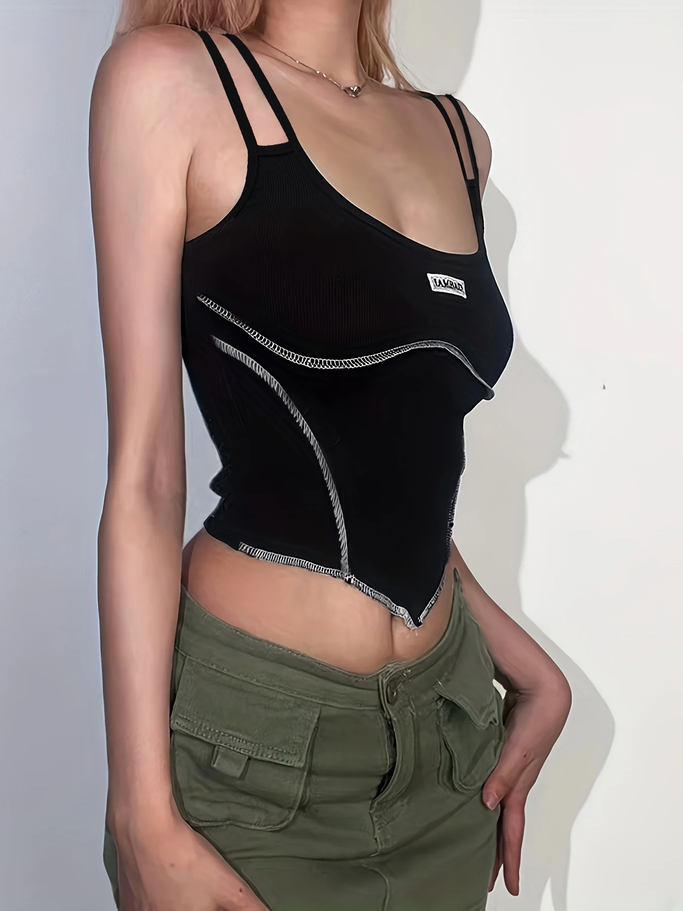 deanwangkt  Letter Label Patched Double Strap Top, Casual Top Stitching Hanky Hem Sleeveless Cami Top For Summer, Women's Clothing - Deanwangkt