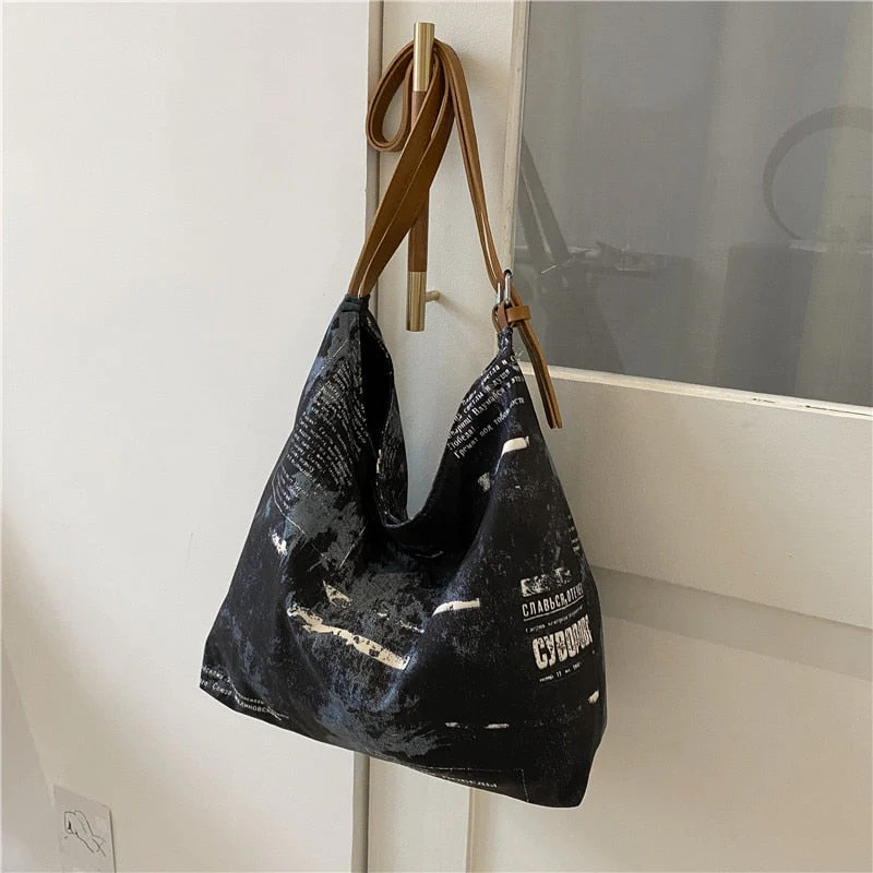 deanwangkt New Shoulder Bag For Women Newspaper Print Oxford Handbags PU Leather Straps Bucket Bag Ladies Tote Bag Hand Bags Bolsos - Deanwangkt