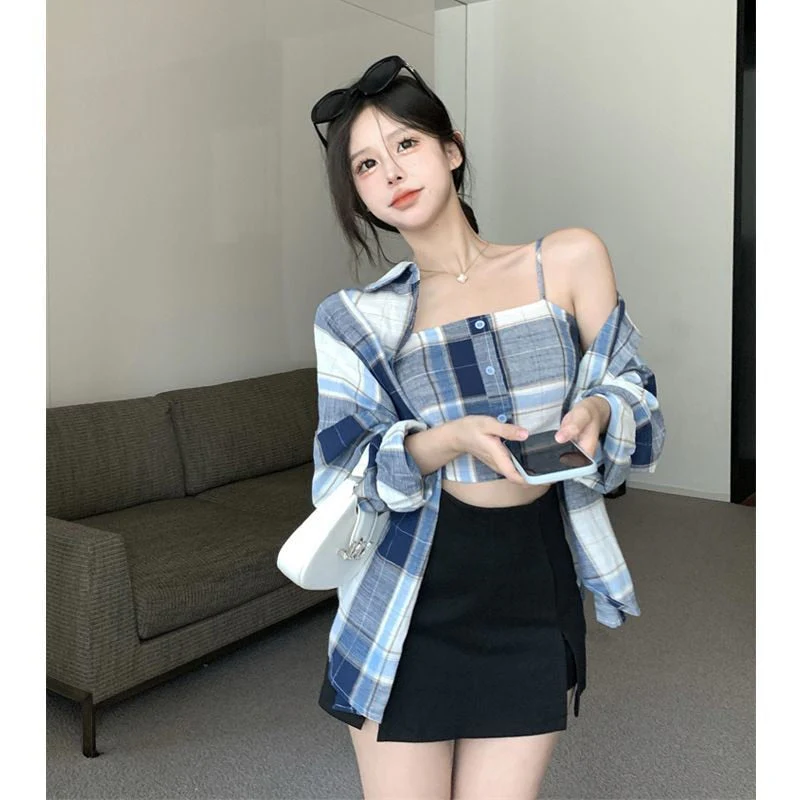 deanwangkt Spring Simplicity Plaid Turn-down Collar Long Sleeve Blouse Women Clothes Casual Buttons Slim Sling T-Shirt Two-piece Dress Tops - Deanwangkt