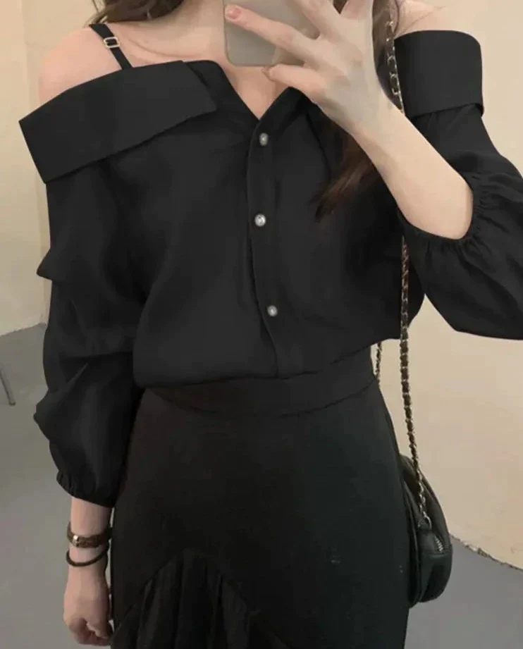 deanwangkt Fashion Shirts Women Sexy Off Shoulder Blouse Summer Casual Straps Button Tops Long Sleeve Pleated Solid Loose Tunic - Deanwangkt