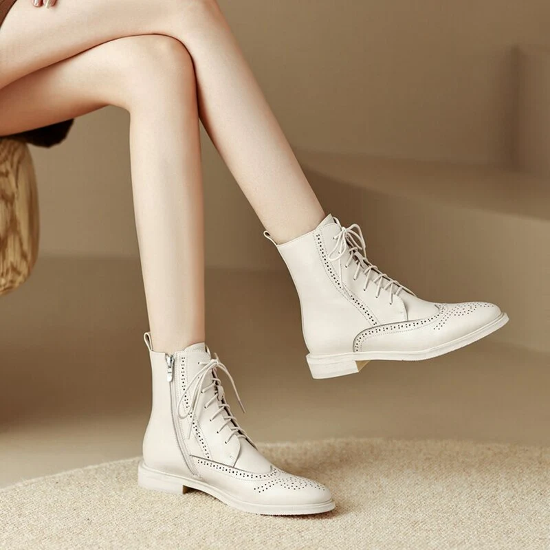 deanwangkt  fashion inspo    NEW Fall Shoes Women Round Toe Low Heel Shoes Winter Solid Genuine Leather Boots Women Hollow Brogues Ankle Boots Chelsea Boots - Deanwangkt