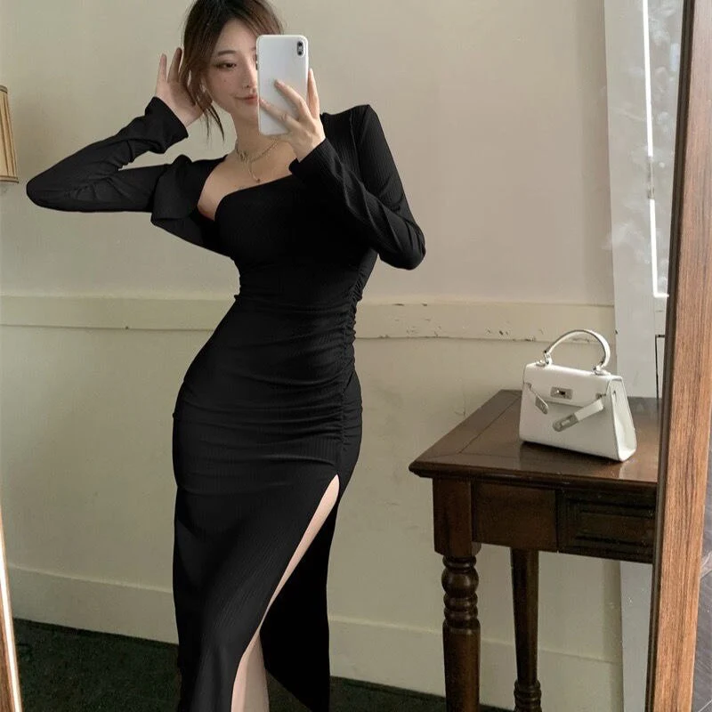 Joskka Korean Fashion Split Dress Autumn Bodycon Elegant Evening Party Midi Dresses France Black Casual Clothing Winter Fall Outfits - Deanwangkt