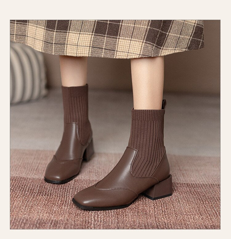 deanwangkt Autumn Winter New Ankle Socks Shoes Women Fashion Large Size  Knitted Short Boots Women Slip On High Heels - Deanwangkt