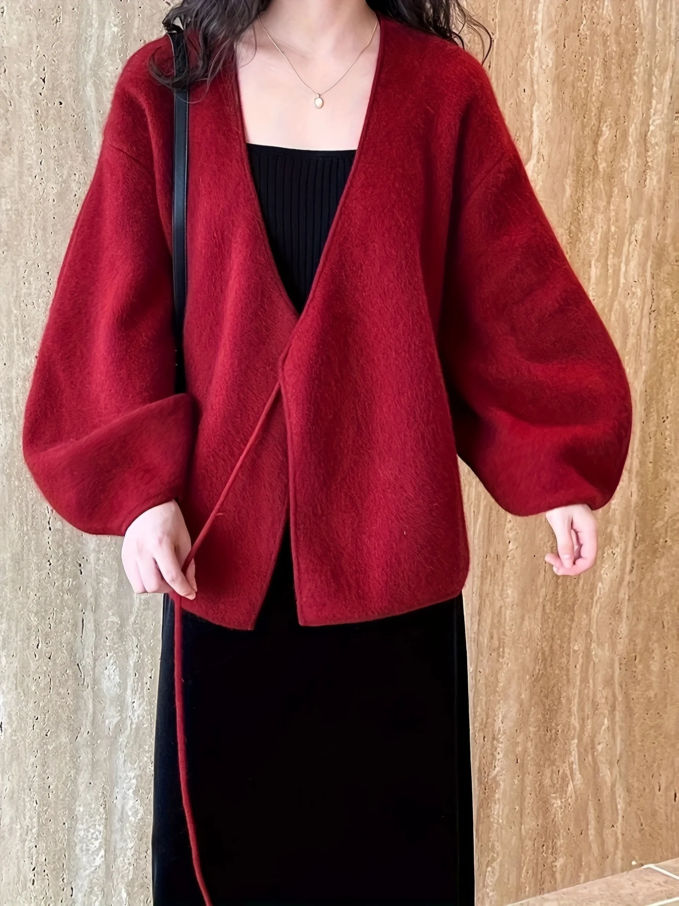 deanwangkt  Solid Tie Front V-neck Coat, Elegant Lantern Sleeve Drop Shoulder Loose Outwear, Women's Clothing - Deanwangkt