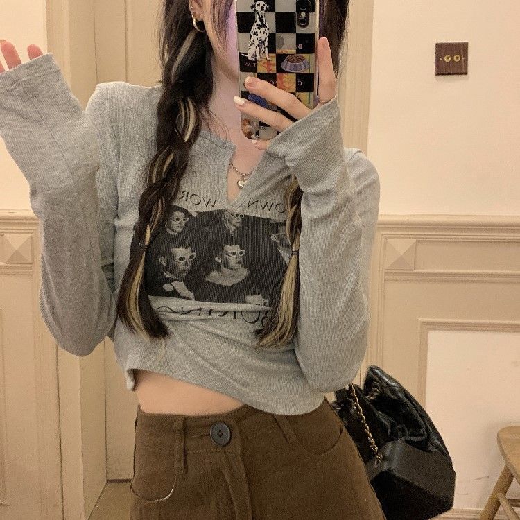 Wenkouban Y2K Grunge Graphic Tees Gray Crop Top Women Korean Style Long Sleeve Sexy Slim White Tshirts Vintage Streetwear T Shirt - Deanwangkt