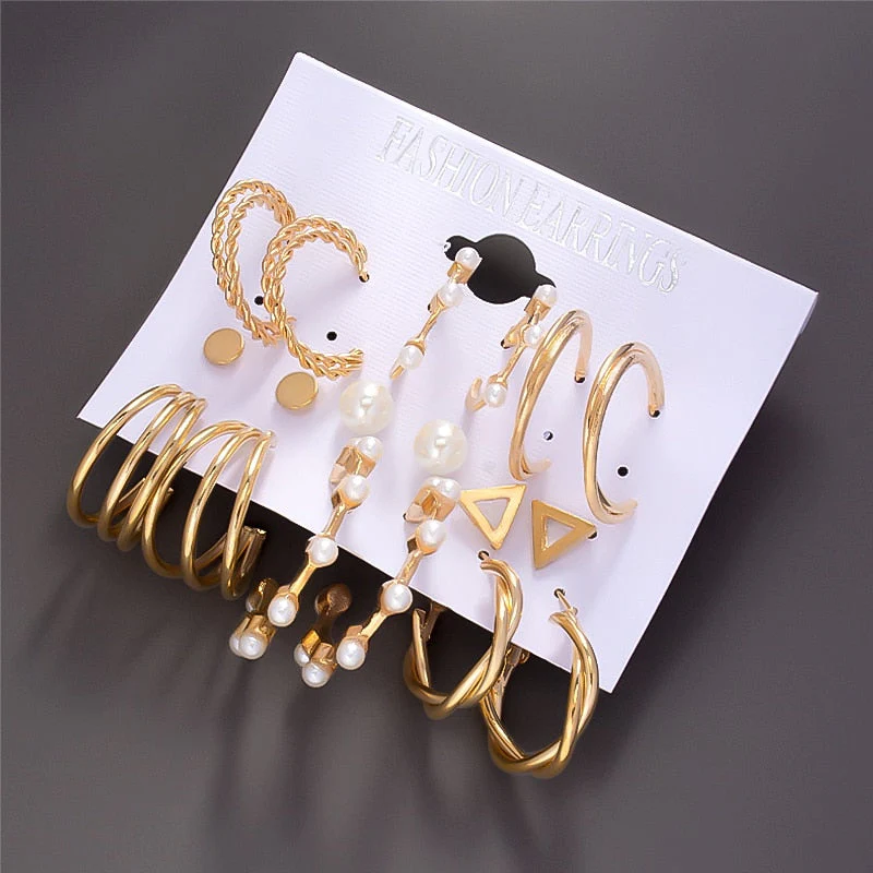 DEANWANGKT Boho Women's Earrings Vintage Punk Gold Color Metal Acrylic Big Circle Pearls Hoop Earring Set for Woman Girl Trend Jewelry - Deanwangkt