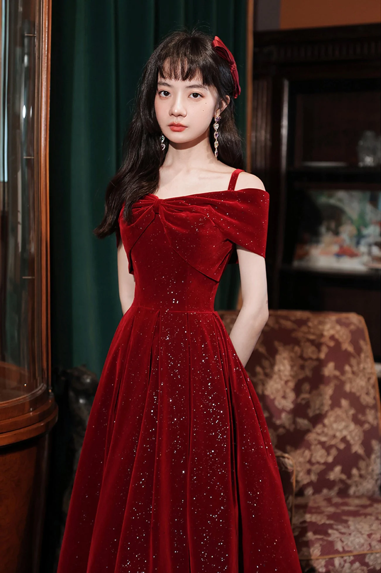 solvbao Burgundy Velvet Off the Shoulder Prom Dress, A-Line Party Dress - Deanwangkt