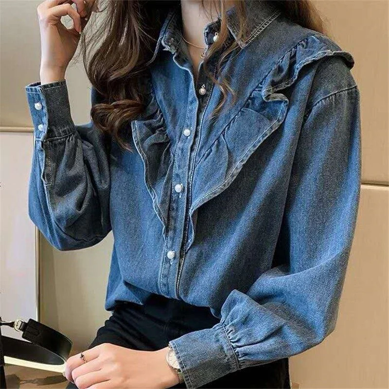 deanwangkt Spring Autumn  Ruffles Denim Jacket For Women Long Sleeve Pocket Jacket Femme Casual Overcoat Single Breasted Chic Jean Coat - Deanwangkt