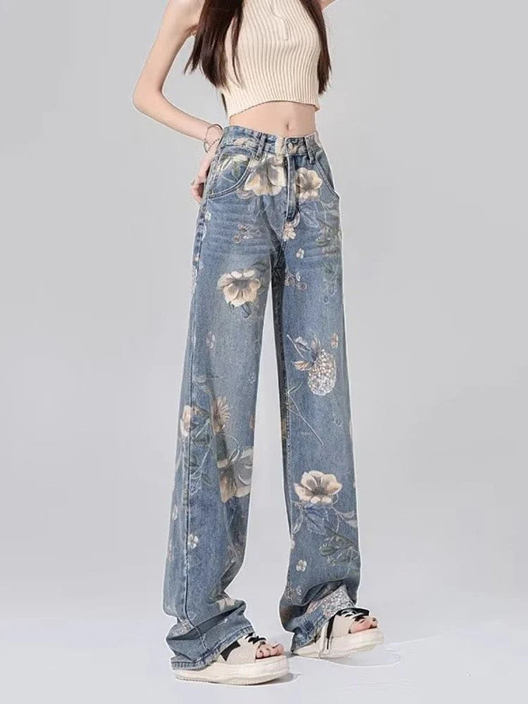 deanwangkt Street Printed Jeans, Female Niche Design, Trendy Vibe High Waisted Drape, Straight Leg Wide Leg Long Pants, Women's Jeans - Deanwangkt