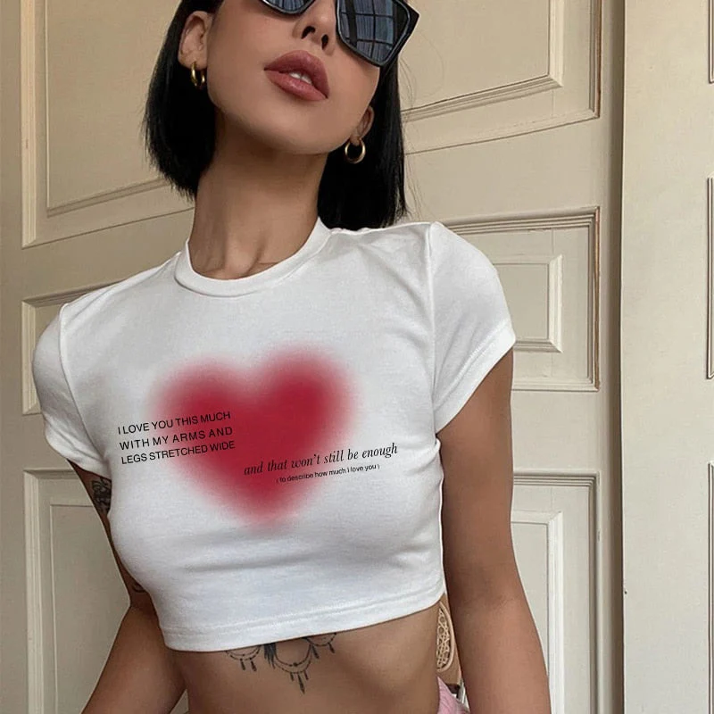 deanwangkt Aesthetic Heart print women T-shirt anime letter kawaii 90's crop tops Summer short sleeve Tees kpop streetwear y2k clothes lady - Deanwangkt