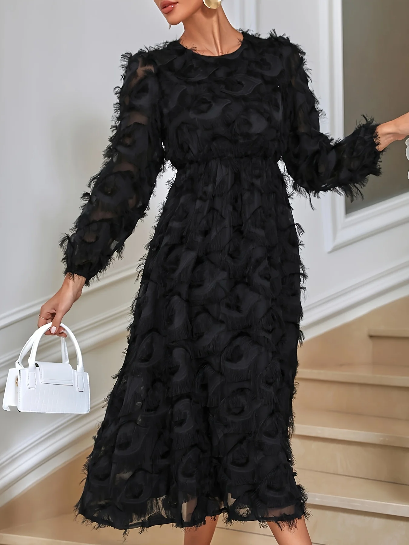 Fuzzy Solid Dress, Elegant Crew Neck Long Sleeve High Waist Dress, Women's Clothing - Deanwangkt