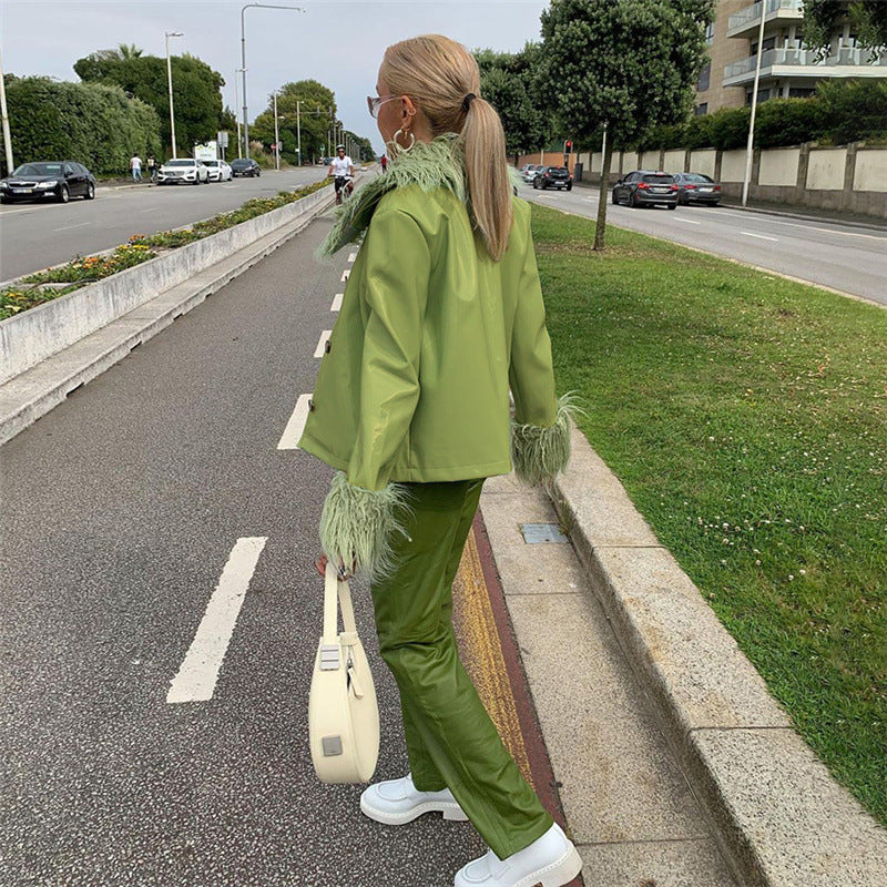 deanwangkt Y2K Faux Fur Collar Long Coat with Belt Leather Jackets Women Autumn Winter Warm Single Breasted Outerwear Green Elegant - Deanwangkt