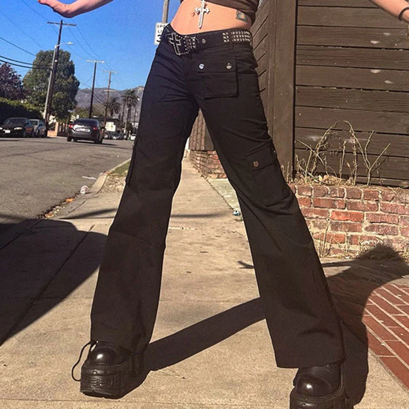 deanwangkt Black Low Rise Goth Y2K Jeans Pockets Flared Denim Cargo Pants Women Korean Fashion Streetwear Jean Trousers - Deanwangkt