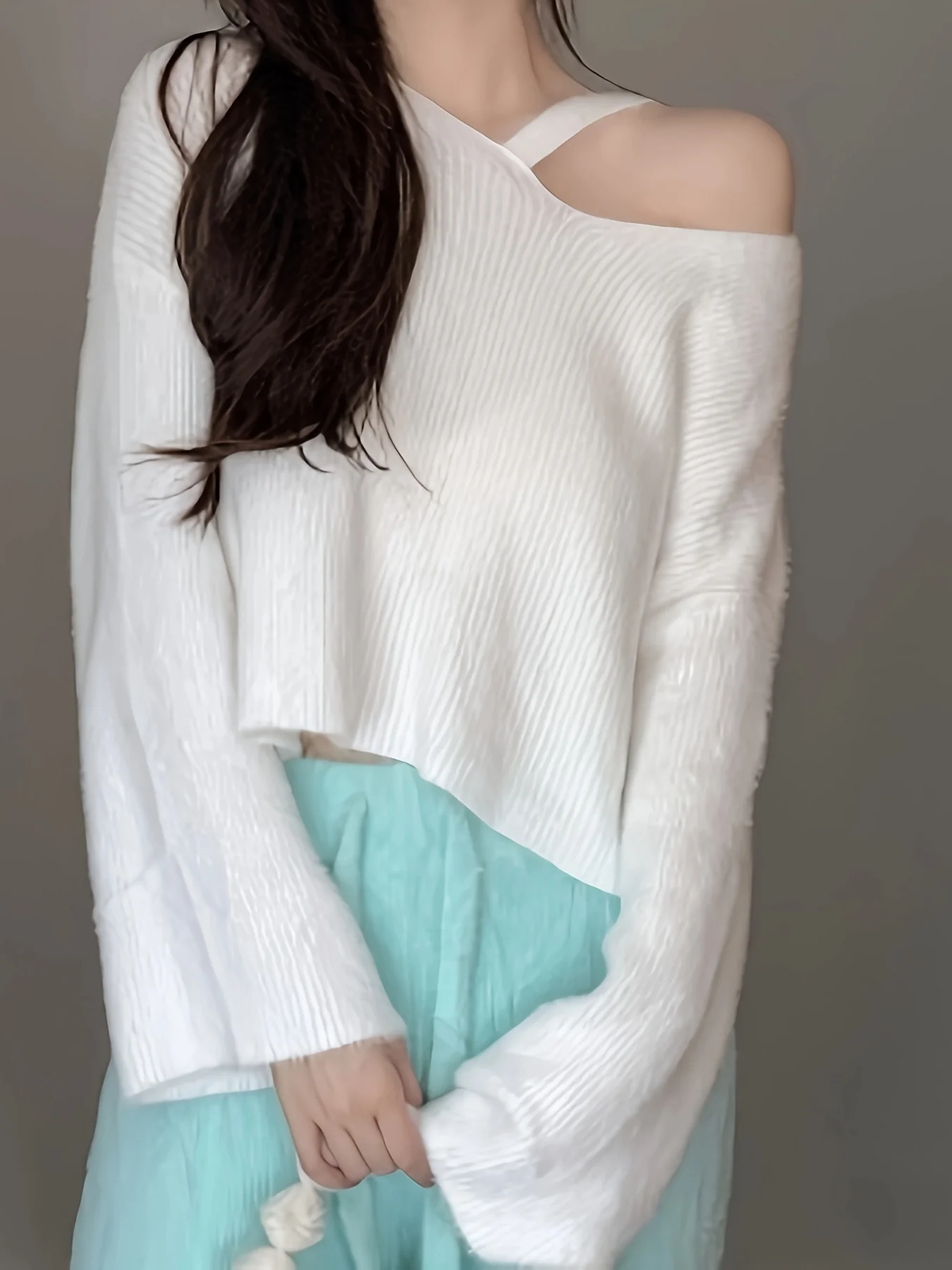 deanwangkt-1  Solid Cold Shoulder Knitting Top, Casual Long Sleeve Top For Fall & Winter, Women's Clothing - Deanwangkt