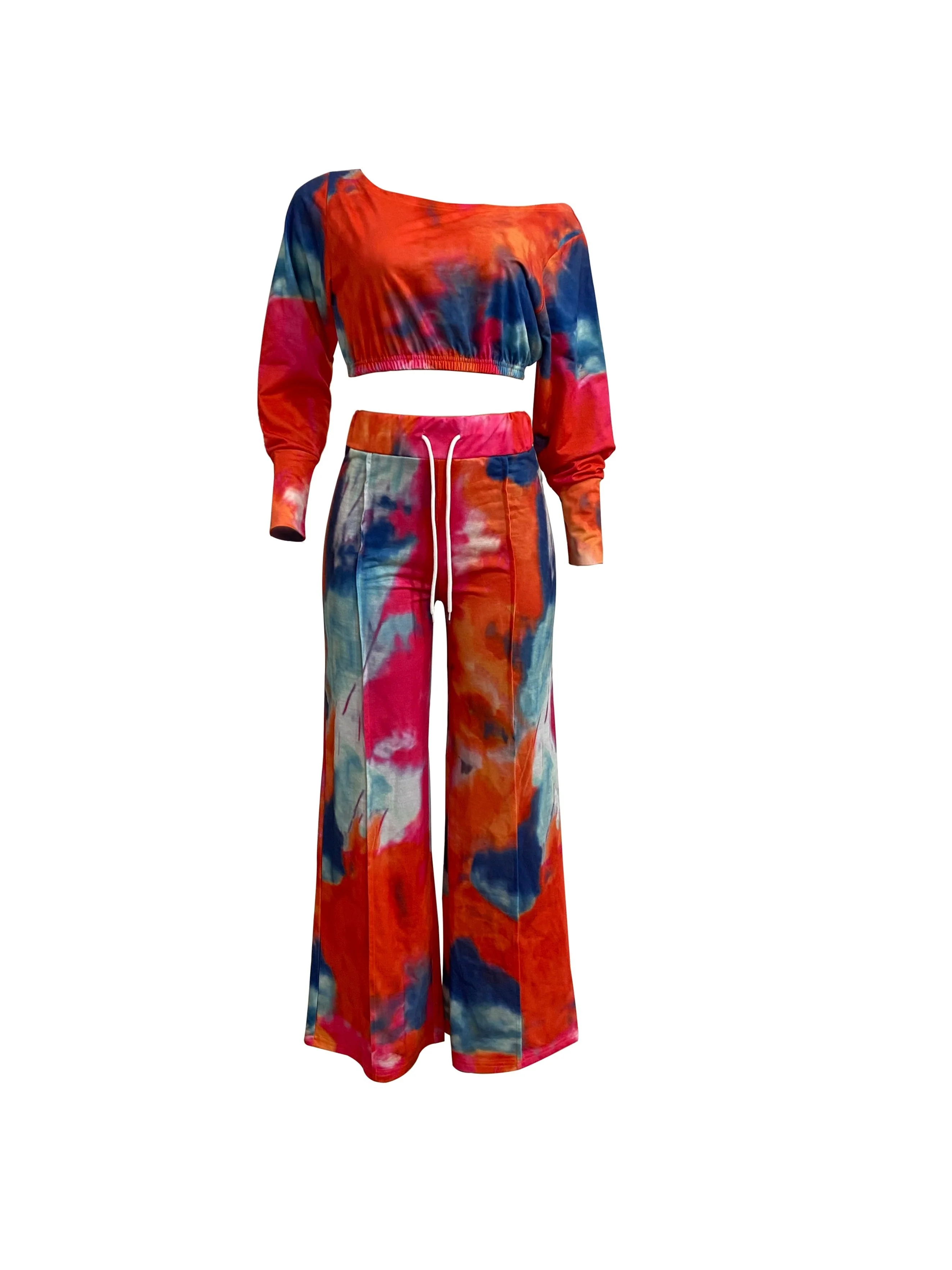 Casual Tie Dye Two-piece Set, Long Sleeve Crop Top & Drawstring Wide Leg Pants Outfits, Women's Clothing - Deanwangkt