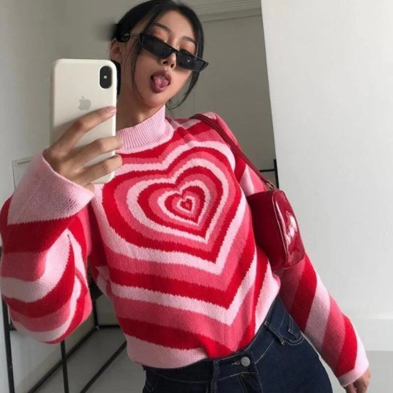 deanwangkt Knitted Sweater Aesthetics Heart Striped Pullovers Sweater Girls Sweet Long Sleeve Turtleneck Jumper Autumn Streetwear - Deanwangkt