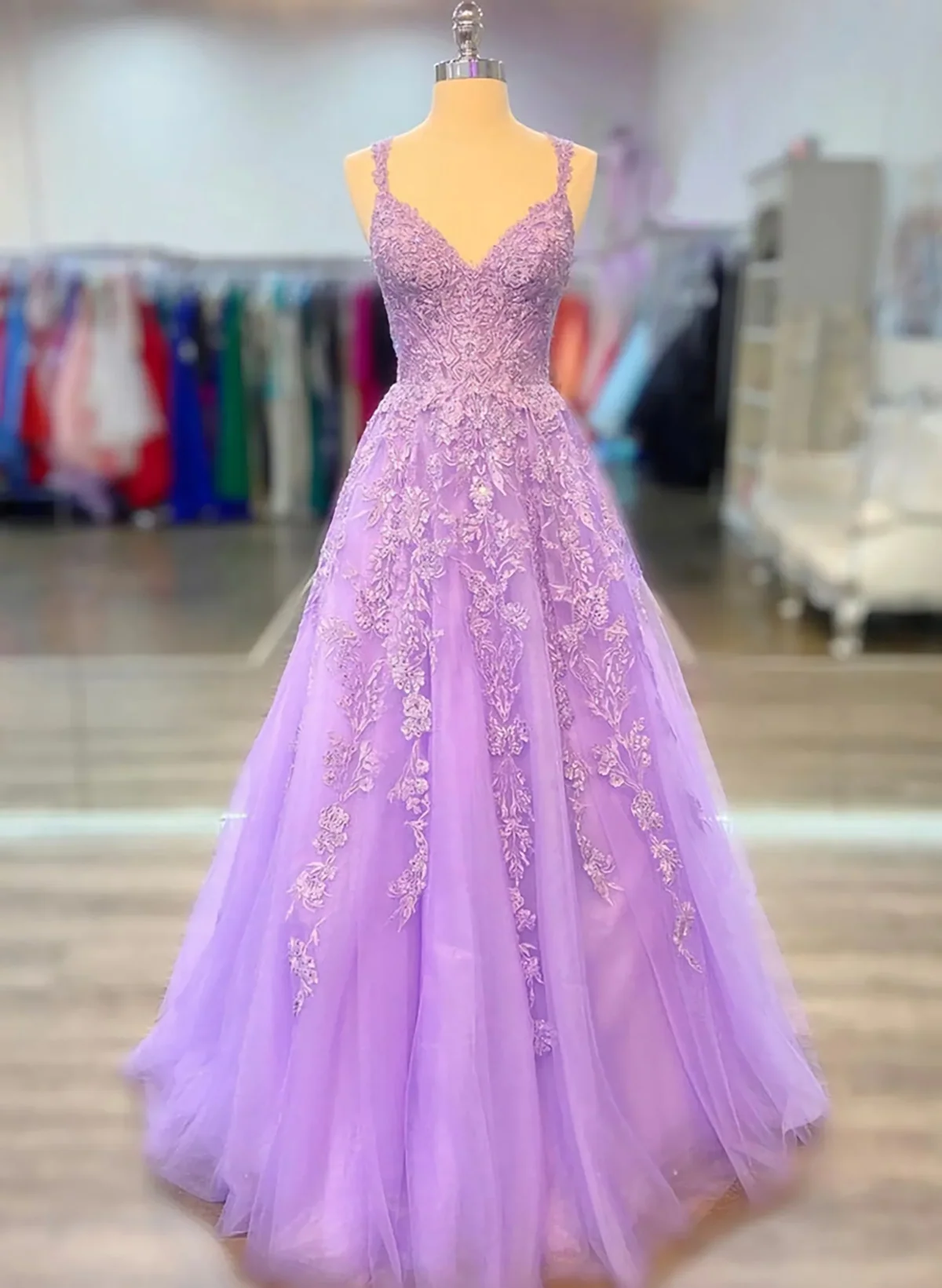 Solvbao A-line Tulle Princess Light Purple Prom Dress with Appliques, Tulle Straps Formal Dress - Deanwangkt