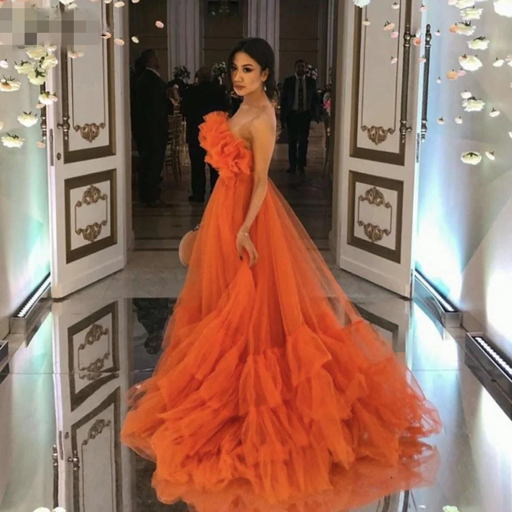 Sevintage Orange Ruffles Tulle Evening Party Dresses Strapless Tiered Plus Size Prom Dresses  A Line Special Occasion Gowns - Deanwangkt