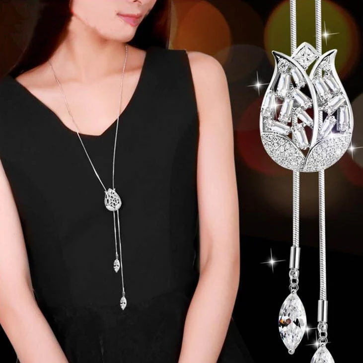 DEANWANGKT Fashion Long Chain Sweater Necklaces & Pendants for Women Blue Opal Rhinestone Flower Pendant Necklace Female Jewelry - Deanwangkt