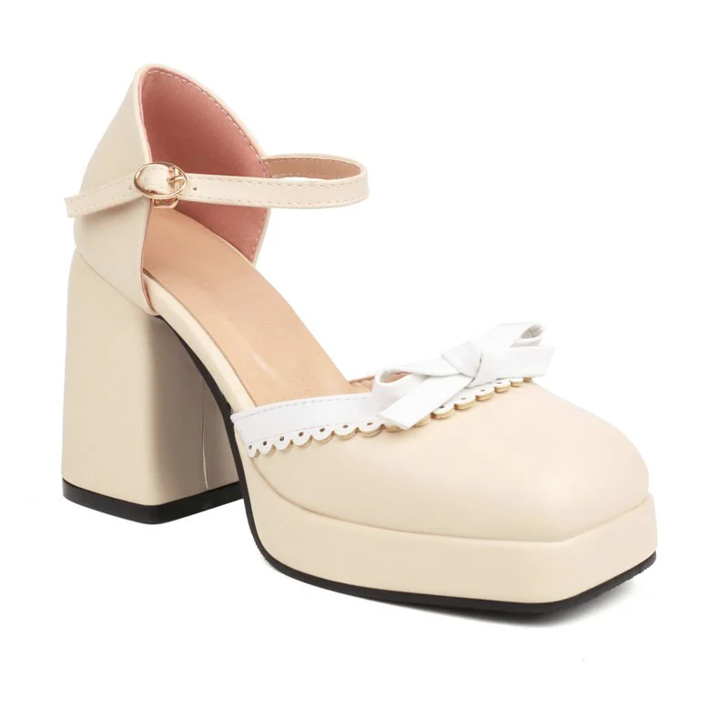 Joskka Black White Contrast Color Laser Cut Closed Toe Women Dress Pumps Chunky High Heels Mary Janes Platform Sandals Hoco Shoes - Deanwangkt