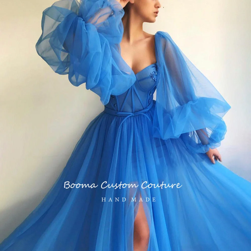DEANWANGKT Simple Blue Prom Dresses Long Puff Sleeves Exposed Boning Illusion Evening Dresses High Slit Tulle A-Line Formal Gowns - Deanwangkt