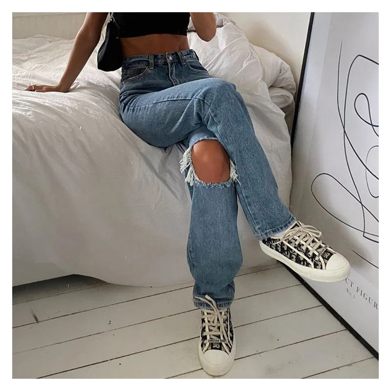 deanwangkt Denim Ripped Jeans For Women Cargo Pants Women Mom Jean High Waist Jeans Fashion Holes Thin Women's Baggy Jeans Long trousers - Deanwangkt
