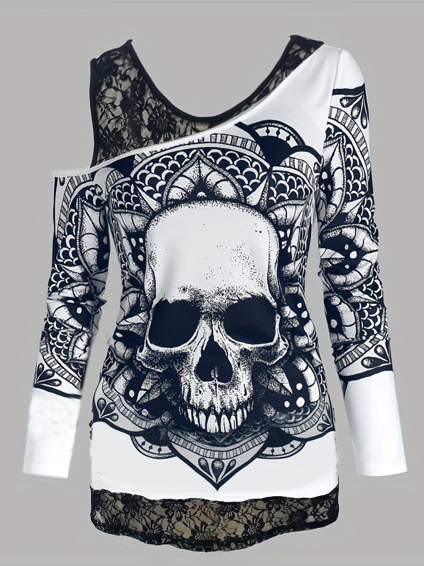 Plus Size Casual T-shirt, Women's Plus Skull & Mandala Print Contrast Lace Cold Shoulder Long Sleeve Slight Stretch T-shirt - Deanwangkt