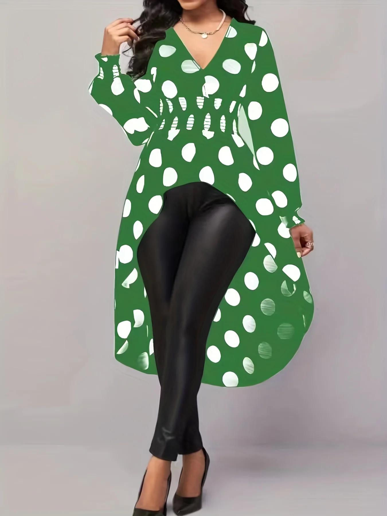 Asymmetrical Polka Dot Blouse, Long Sleeve V-neck Blouse, Casual Every Day Tops, Women's Clothing - Deanwangkt