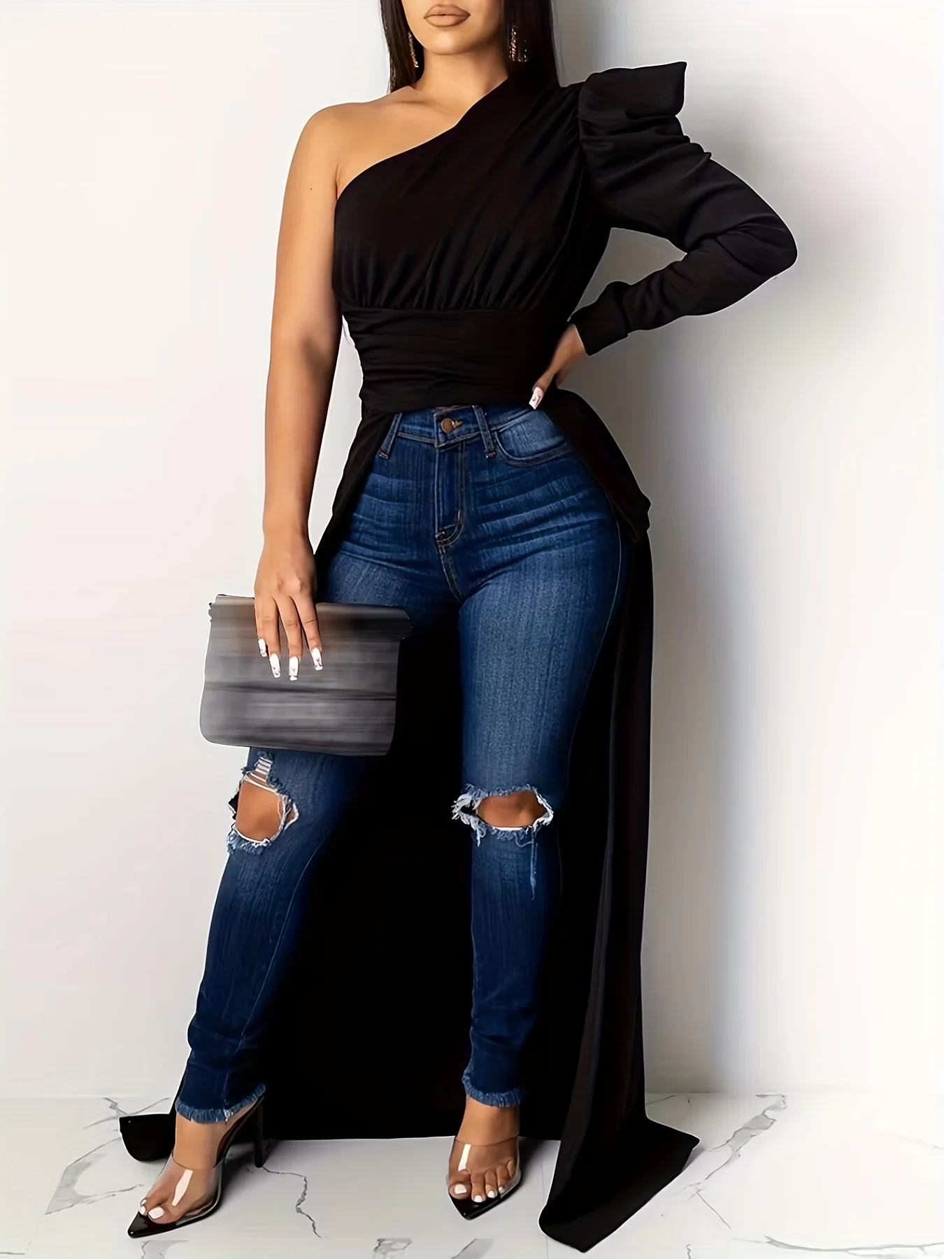 deanwangkt-1 One Shoulder High Low Hem Top, Sexy Asymmetrical Neck Top, Women's Clothing - Deanwangkt