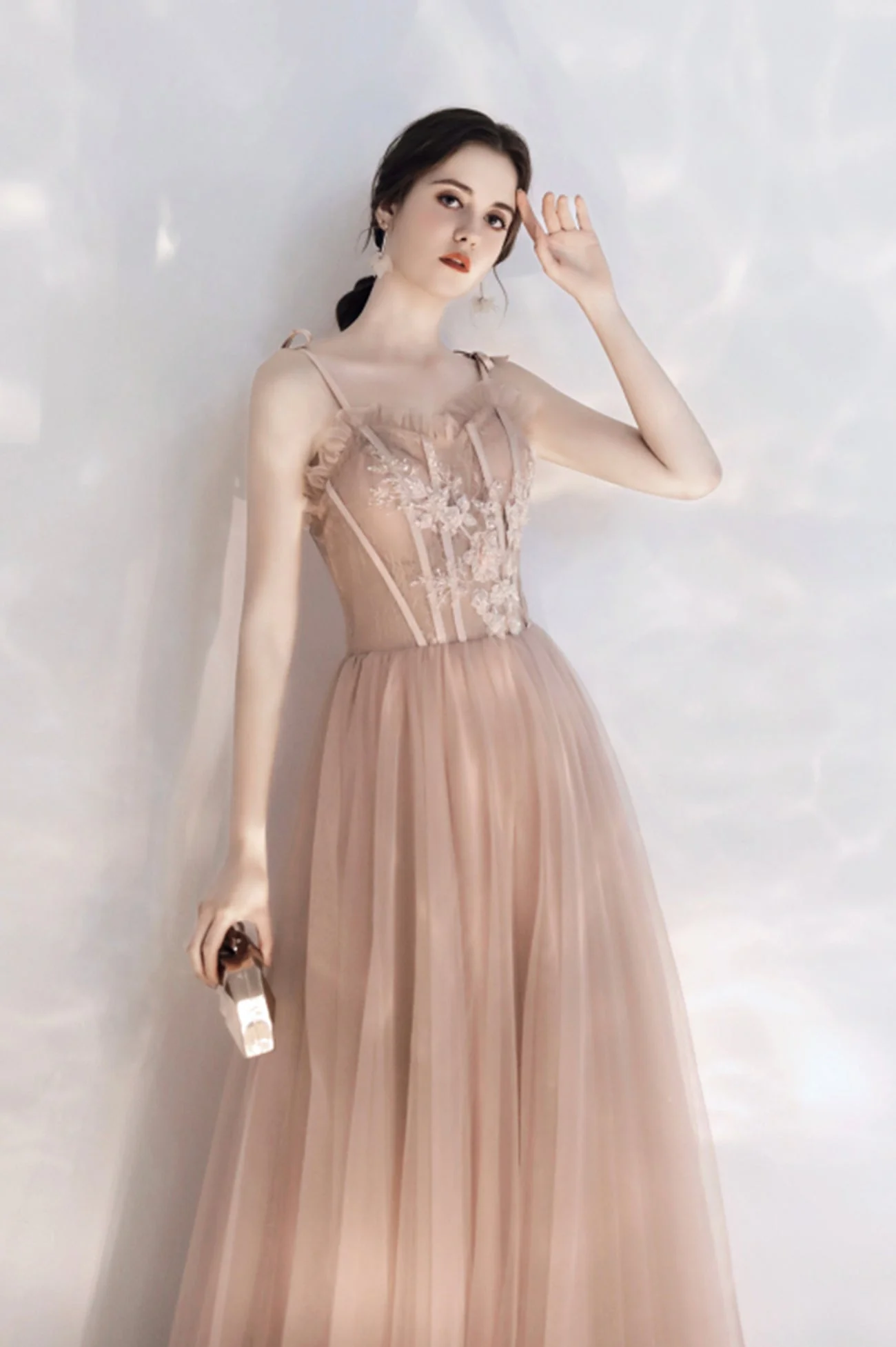 solvbao Pink Spaghetti Lace Long Prom Dresses, Cute A-Line Graduation Dresses - Deanwangkt