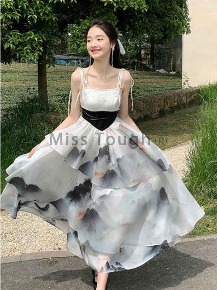 Joskka Vintage Elegant Strap Dress Women Print Korean Style Designer Party Midi Dress High Waist Casual France Fairy Dress Female - Deanwangkt