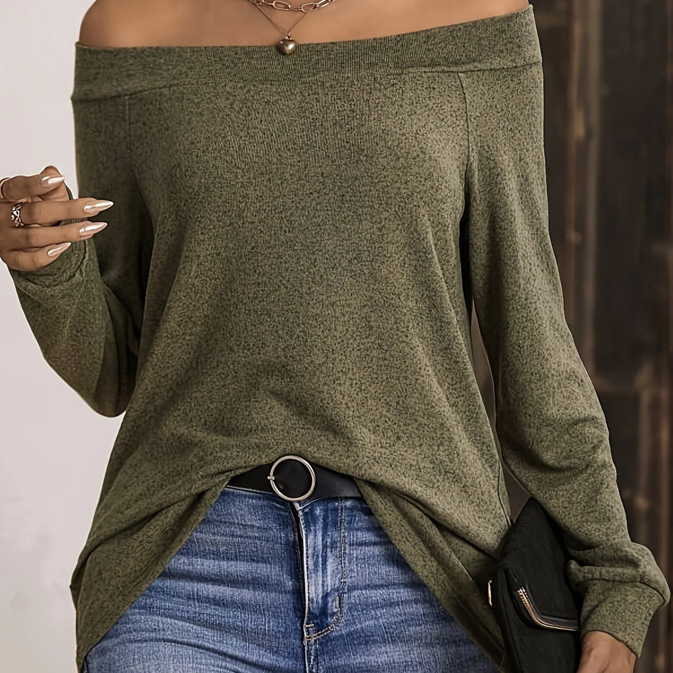 deanwangkt  Off Shoulder Solid T-Shirt, Casual Long Sleeve Top For Spring & Fall, Women's Clothing - Deanwangkt