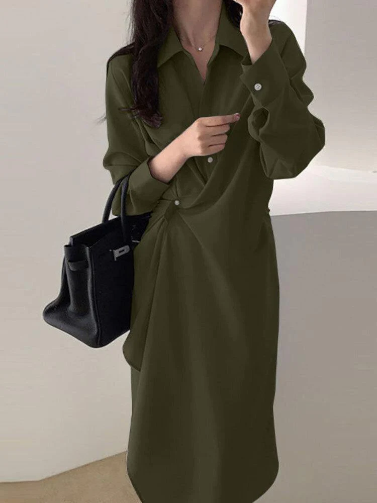 deanwangkt Pure Color Turn-down Collar Long Sleeve Button Irregular Hem Shirt Dress - Deanwangkt